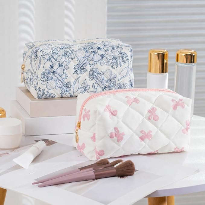 Makeup Bag Travel Toiletry Bag for Women, Small Cosmetic Bags Cute Quilted Cotton Makeup Pouch for Purse Emergency Bag Pencil Case Accessory Bag, Light Cyan