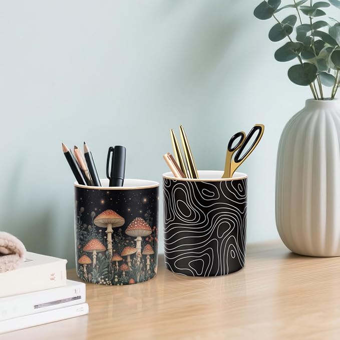 Cute Pen Pencil Holder for Desk, Durable Ceramic Organizer Decor for Room, Office, Classroom, Mushroom Pattern