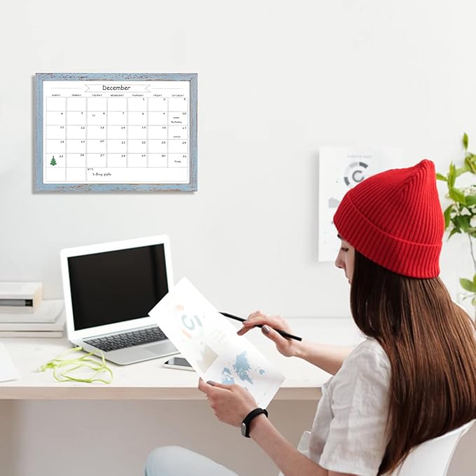 Dry Erase Monthly Calendar Whiteboard,10.6"x 14.6" Small Magnetic White Board for Wall, Hanging Board for Office/School/Home, Solid Pine Wood Frame (Blue)