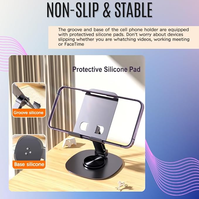 Adjustable 360° Rotating Cell Phone Stand – Foldable Desktop Holder Dock, Case Friendly, Works with All Phones (Purple)