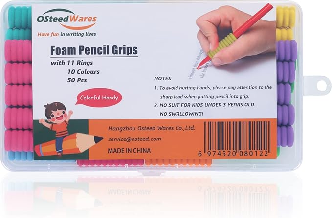 50 Pcs Foam Pencil Grips of 11 Rings for Kids and Adults Handwriting, 10 Colors Pencil Holder Grippers for Relieving Fingers, Mechanical Pencil Holder Cushion