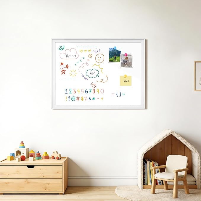White Board for Wall, 24" x 18" Magnetic Dry Erase Board, Decorative Wooden Frame Large Whiteboard, Wall Mounted, Aesthetic Writing Board for Home, Office, School - White