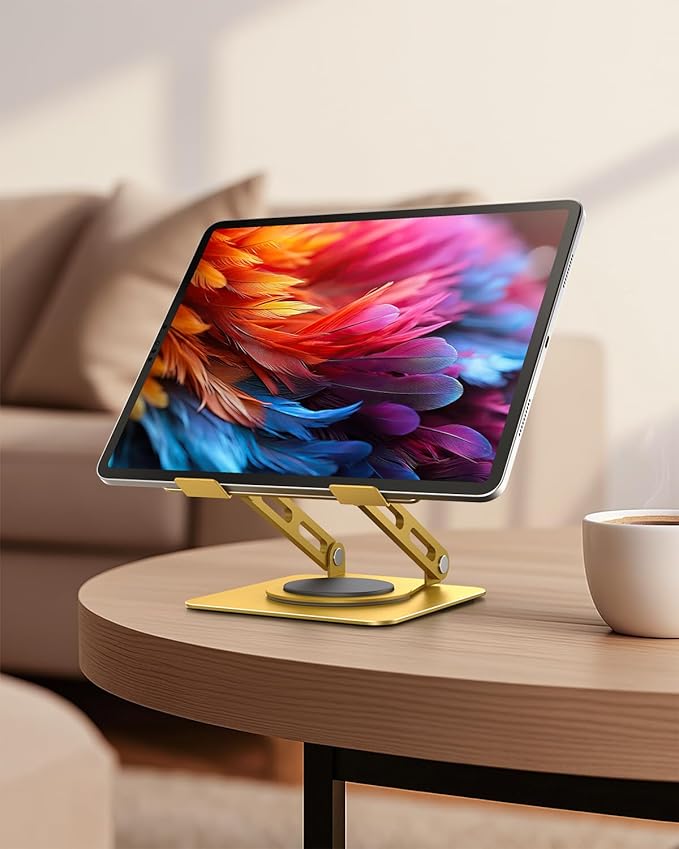 LOXP Metal Tablet Stand, 360 Rotating iPad Stand with Heavy-Duty Base, Tablet Holder Compatible with 4.0-16.9" Device, 2025 iPad Pro Air Mini, Kindle, Surface Tablet, Portable Monitors - Gold