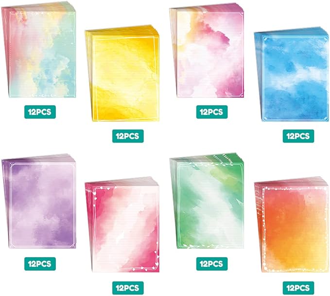 Anzon Mories Watercolor Stationery Paper Set 96 Pieces (Lined) Double Sides Colored 21lb/100gsm Heavy Weight Writing Stationary Paper 8.5” x 11” US Letter Size, 8 Colors Original Design College Ruled