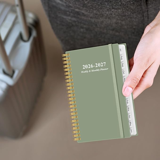 2026-2027 Pocket Planner/Calendar - 2026-2027 Planner from July 2026 - June 2027, Planner 26-27 with 12 Tabs, Twin-Wire Binding, Inner Pocket, 3.75" x 6.75, Green