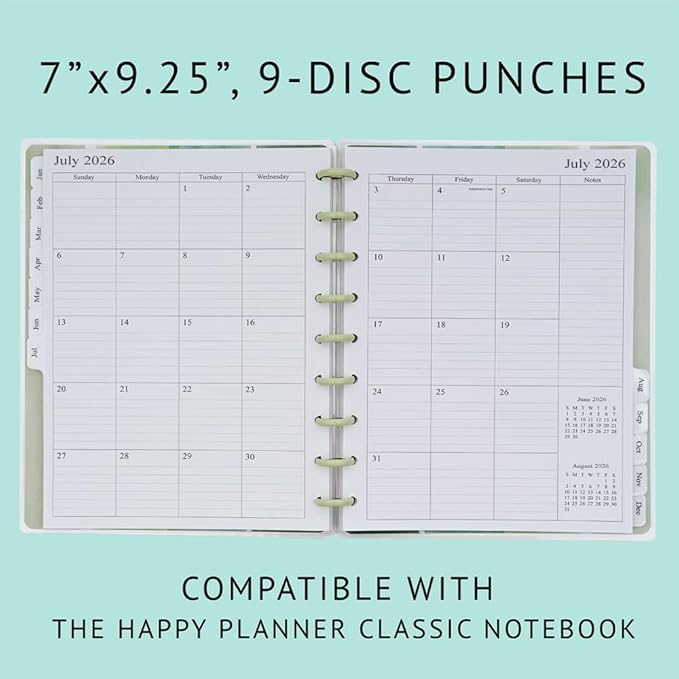2026-2027 Planner Refills for Happy Planner Classic Notebook, Weekly & Monthly, Jul 2026 - Jun 2027, 7" x 9-1/4", 9-Disc Pre-punched