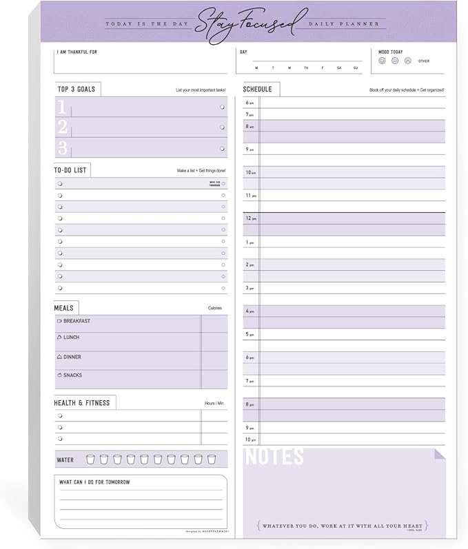 Daily Notepad Planner Schedule To Do List - Stay Focused 50 Tear Off Premium USA (Purple Taro)