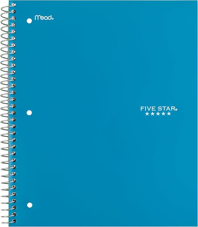 Five Star Spiral Notebook + Study App, 5 Subject, Wide Ruled Paper, 8" x 10-1/2", 200 Sheets, Fights Ink Bleed, Water Resistant Cover, Tidewater Blue (73196)