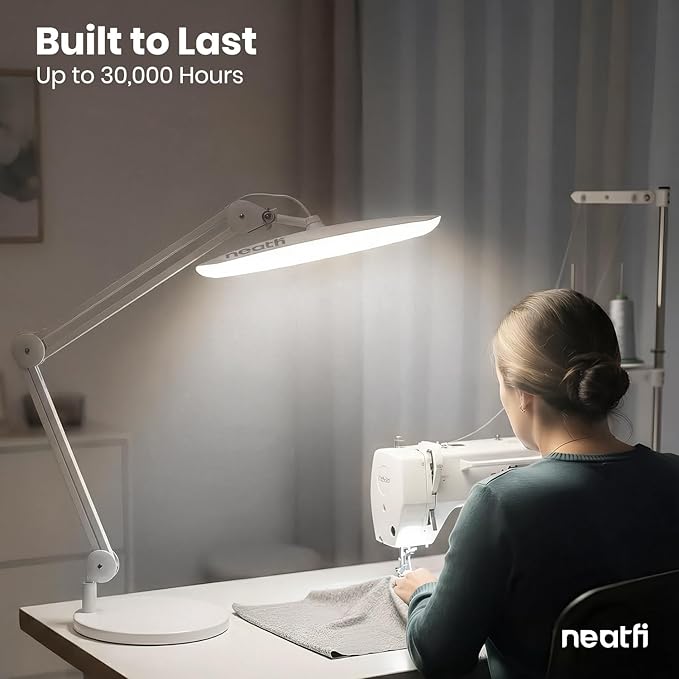 Neatfi XL 2200 Lumens 24W LED Desk Lamp - 4-Level Dimmable Task Light | Home Office, Crafts & Workbench | 20-Inch Wide Head (White, Non-CCT with Base)