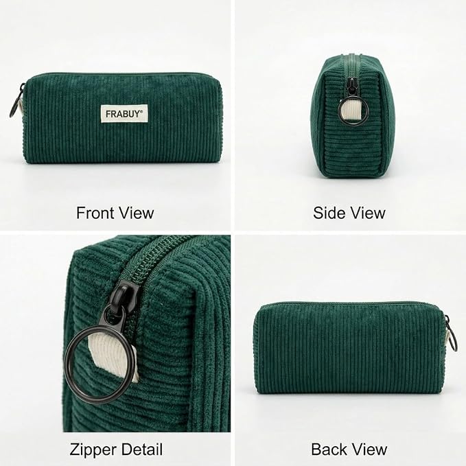 Soft Corduroy Pencil Case Pen Pouch Organizer, Small Stationery Bag | Cute dark green pencil pouch, smooth zipper, daily cosmetics holder, compact organizer for school teen girls, women