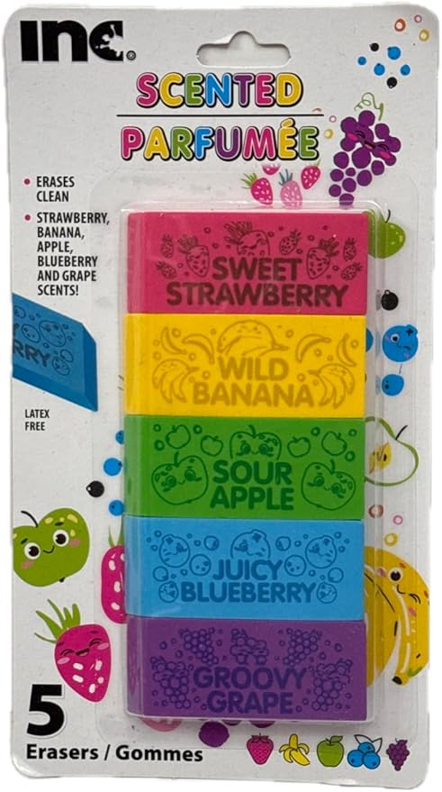 Scented Erasers Set, 5 Pack Fruit Fragrances, Strawberry Banana Apple Blueberry Grape, Latex Free School Supplies
