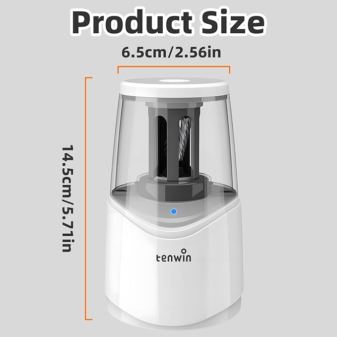 tenwin Rechargeable Pencil Sharpener for No.2 & Colored 6-8mm Pencils, Heavy Duty Electric Pencil Sharpener, Durable Helical Blade for Fast Sharpen, Home/School/Art Studio (White)