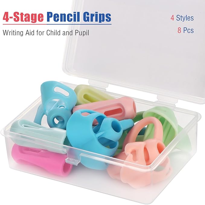 4-Stage Pencil Grips for Kids Writing Posture Correction, 8 Pack Pencil Holder for Toddlers Writing Aid Tools, Pencil Grippers for Preschoolers Needs in Classroom, Assorted Colors