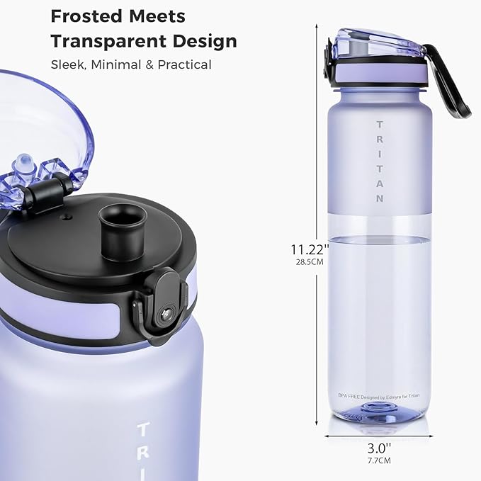 32oz Water Bottle with Chug Lid, Frosted & Clear Tritan BPA-Free, Leakproof, Wide Mouth, Portable Sports Water Bottle for Gym, Office, Travel, Outdoor (Lavender)