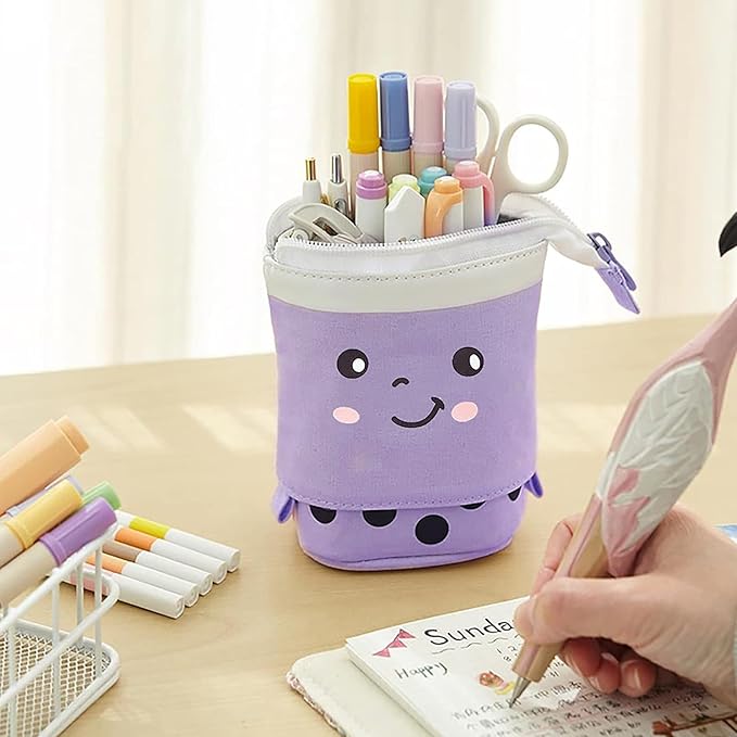 3 Pack Telescopic Pencil Pouch Bag Pop Up Pencil Case Stand Up Pen Holder Cute Polka Dot Canvas Pen Bag, Standing Stationery Case Holder for Students Boys Girls Adult