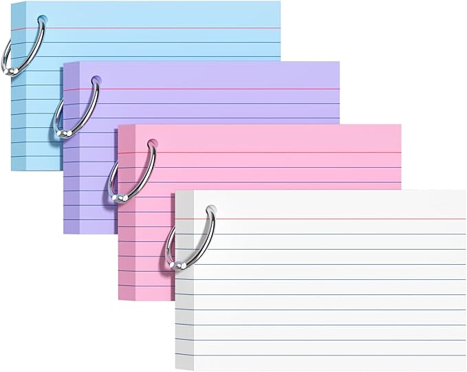 Index Cards 4x6 Inches, 200 PCS, Colored Flash Cards With Ring, Punched Lined Study Card Ruled Flashcards Notecards, Ruled Front And Blank Back, Note Card for School, College And Home
