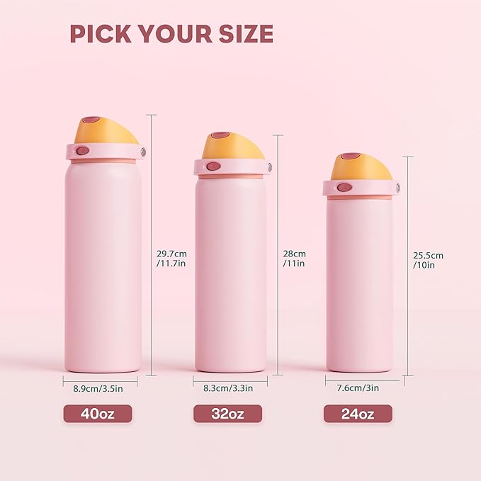 POWCAN 24 oz Insulated Water Bottle with Straw: 2-in-1 Push-Button Spout & Quick-Flip Straw, Leakproof, Cold 24Hrs, Fits Car Cup Holder, Stainless Sports Bottle for Gym, Travel Gift (Peach Store)