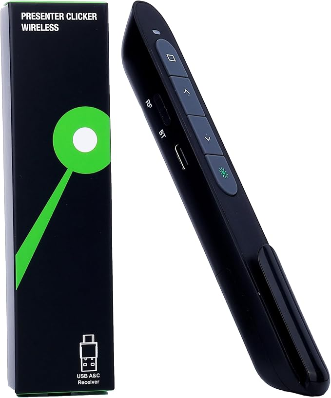 Wireless Presenter Remote with Green Light, Rechargeable PowerPoint Clicker for Mac Windows PC, 2.4GHz USB & Bluetooth, 656ft Range