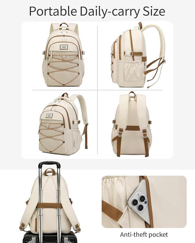 Teen Girls Backpack School Bag, 15.6in Laptop Backpack for Women Work Commuter, Aesthetic College Bookbag for Students, Beige