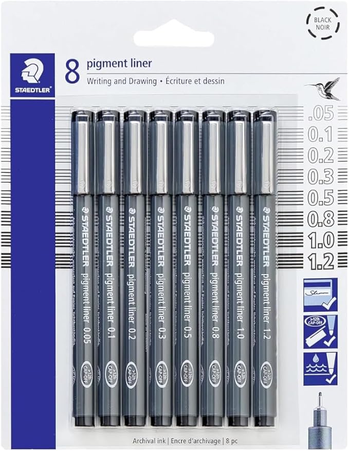 STAEDTLER Pigment Liner 15-Pack (15 sets of 8 pcs), Black, 8 Pens, Assorted Line Widths, 0.05mm, 0.1mm, 0.2mm, 0.3mm, 0.5mm, 0.8mm, 1.0mm, 1.2mm, 120 Count