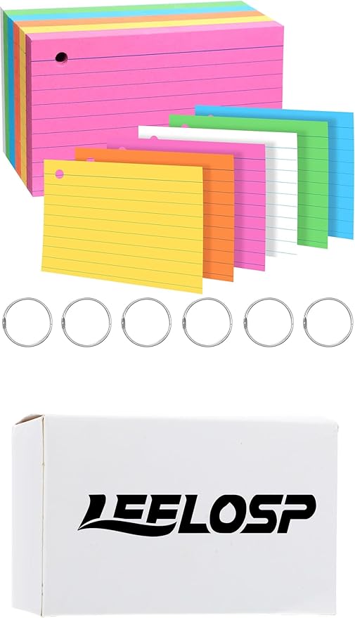 Leelosp 300 Pcs Colored Ruled Index Cards with 6 Rings 180 Gsm Thick Neon Color Study Flash Cards Single Hole Punched Lined Flashcards Studying Notecards One Side for Study(3 x 5 in,Fresh Color)