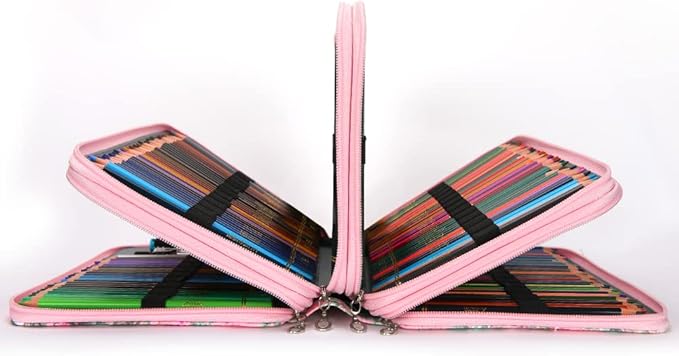 Vomgomfom 300 Slots Marker Bag, 4-Layer Zipper Portable Art Supply Organizer, PU Leather Large Capacity Marker Case Holds 100 Markers or 300 Colored Pencils with Handle (Pink Rose)