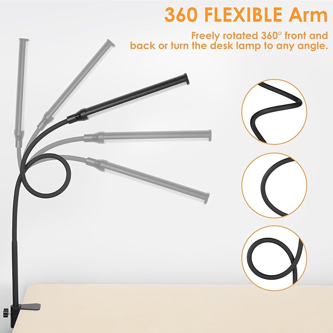 ShineTech LED Desk Lamp with Clamp, Clip On Desk Lamp for Home Office, 3000K Warm White & 11 Brightness Level, Flexible Gooseneck Architect Desk Light, Eye Caring Reading Lamp with USB Adapter
