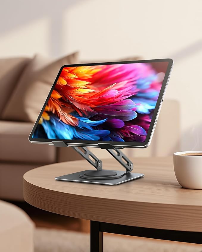 LOXP Metal Tablet Stand, 360 Rotating iPad Stand with Heavy-Duty Base, Tablet Holder Compatible with 4.0-16.9" Device, 2025 iPad Pro Air Mini, Kindle, Surface Tablet, Portable Monitors - Gray