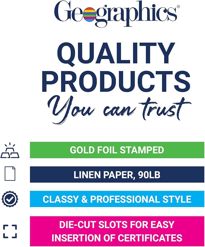 Geographics Certificate Holders - Tri-Fold Navy Linen 9.25x12.5 Inches - 50 Pack - Embossed Die-Cut 80 lb Cover Stock - Silver Medallion Foil Stamp - Ideal for Awards - 218 GSM Document Holder