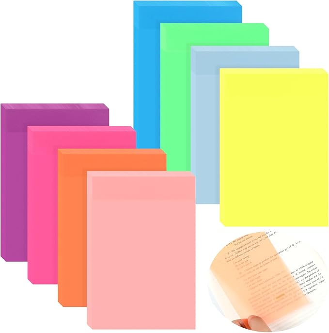 Yinder 4 x 6 Inch Transparent Sticky Notes Translucent Sticky Notes Waterproof Clear Self Memo Pad See Through Bible Journaling Accessories Office School Supplies(8 Pcs,Bright)
