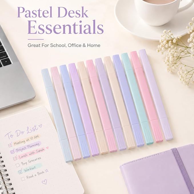 Pastel Highlighters, 12 Pcs Aesthetic No Bleed Bible Highlighters Set | Dual Tip Highlighter Set with Chisel and Fine Tips, for Journaling, Bible Study, Planner, Note Taking, School and Office