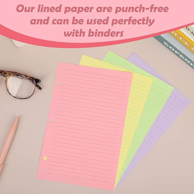 200 sheet Half Letter Lined Paper 3 Hole Punch 5-1/2 x 8-1/2 College Ruled Loose Leaf Notebook Paper Lined Refills Paper Colored Wide Ruled Paper Mini Binder Paper Fits 3 Ring Binders For Office