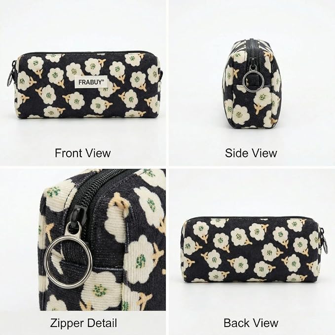 Soft Corduroy Pencil Case Pen Pouch Organizer, Small Stationery Bag | Cute black plum blossom pencil pouch, smooth zipper, daily cosmetics holder, compact organizer for school teen girls, women