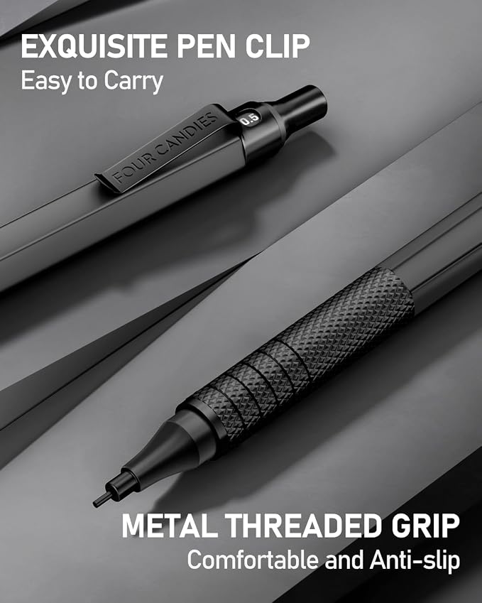2PCS Metal Mechanical Pencil Set, 0.5mm+0.7mm, Storage Case, Black&Silver | 360 Lead Refills, 3 Erasers, 9 Eraser Refills, Smooth Writing, Anti Grip, for Sketching, Technical Drawing, Art Projects