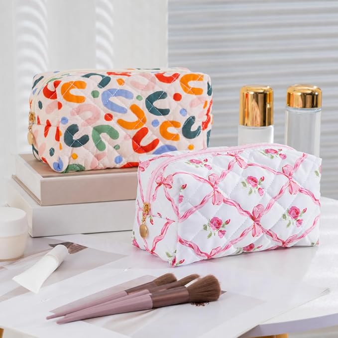 Makeup Bag Travel Toiletry Bag for Women, Small Cosmetic Bags Cute Quilted Cotton Makeup Pouch for Purse Emergency Bag Floral Pencil Case Accessory Bag, Bow and Floral