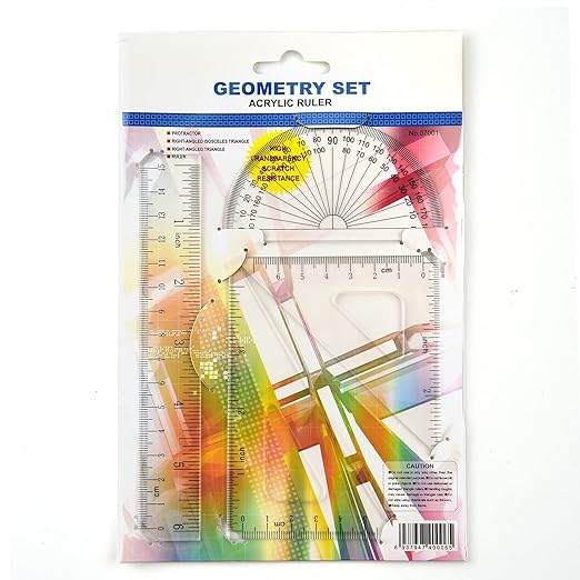 Coopay 6 Inch Math Geometry Tool Plastic Ruler Square Set Includes Straight Ruler, Triangles, Protractor for Student School Office Supplies (Clear)