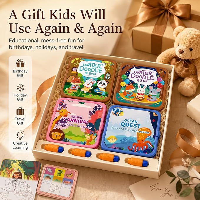 Water Painting Book for Kids 4 Pack - Reusable Magic Water Coloring Books with 36 Pages & 4 Water Pens, Mess-Free Art Activity Toys for Toddlers Ages 3-5, Educational Travel Toys Gift for Boys Girls