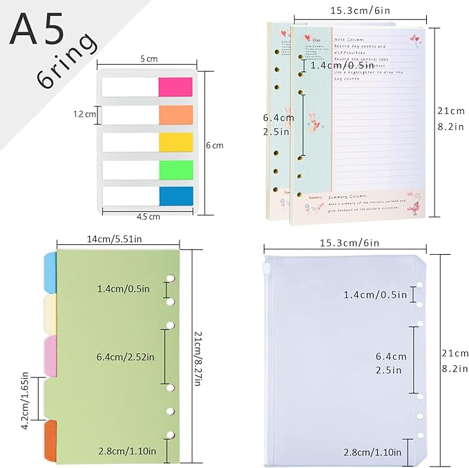 Rancco Cornell-Note Taking-System A5 Planner Refill Paper, 90 Page Colorful 5R Cornell Notes 6-Ring Binder Loose-leaf Inserts w/Zipper Pouch, Binder Divider, Ruler, Index Tab, College Ruled, 8.3x5.6"