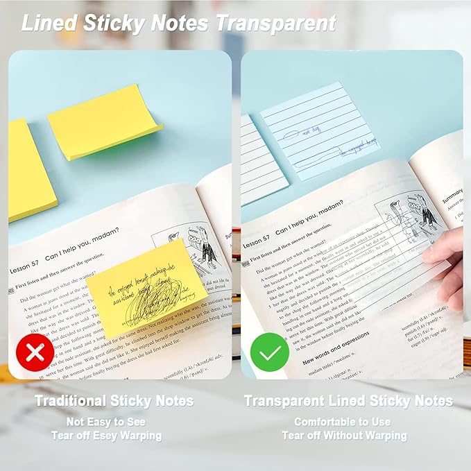 MIUTME Lined Sticky Notes Transparent, 7 Colors Bright Self Sticky Notes Clear Pad, Waterproof Translucent Memo with Line (3X3 inch, 500Pcs)