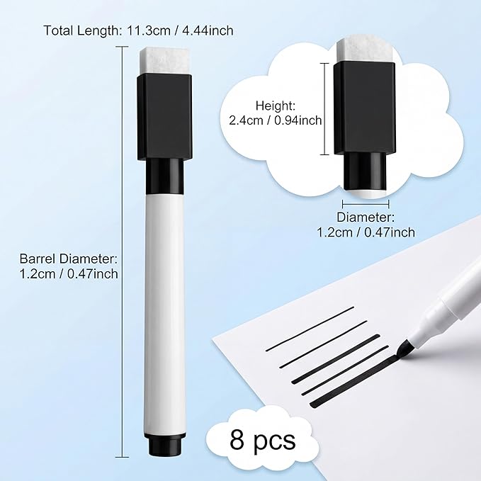 Fine tip Dry Erase Black Markers with Magnetic Cap and Eraser, Perfect for Dry Erase Boards and Whiteboards Pack of 8