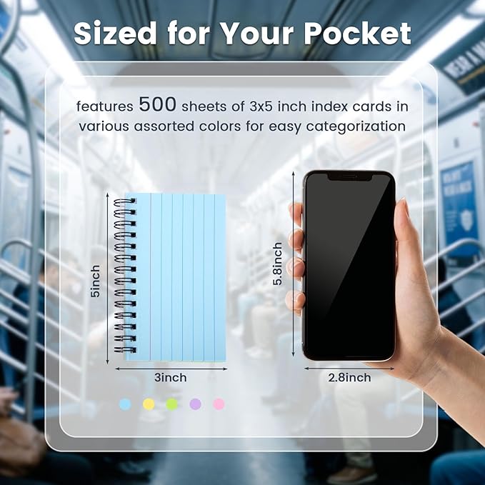 Koogel 500PCS 3x5 Index Cards, Colored Index Cards with Rings for Back to School, Ruled Flashcards Heavy Notecards with Waterproof Covers for Studying College Office Home To Do List Supplies