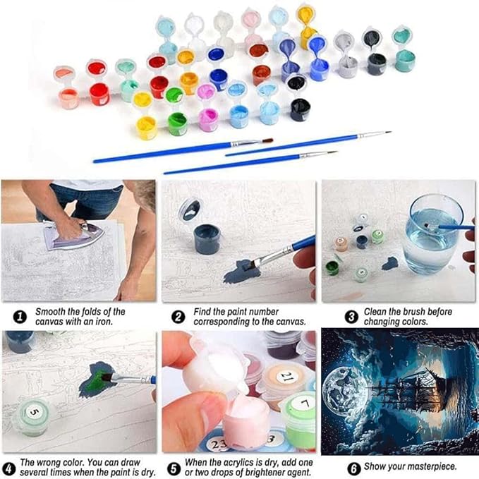 YPF Paint by Numbers for Adults Landscape Paint by Number on Canvas, DIY Steamship Moon Acrylic Oil Painting Kits with Brushes for Home Wall Decor (16x20 inch)