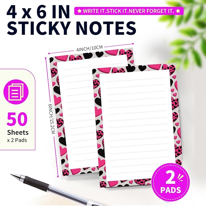 Lined Sticky Notes 4x6 in, 2 Pack Large Cute Notepads with Lines Self-Stick Note Pad, Funny Memo Pads Strong Adhesive for Office, Home Funny Leopard Heart
