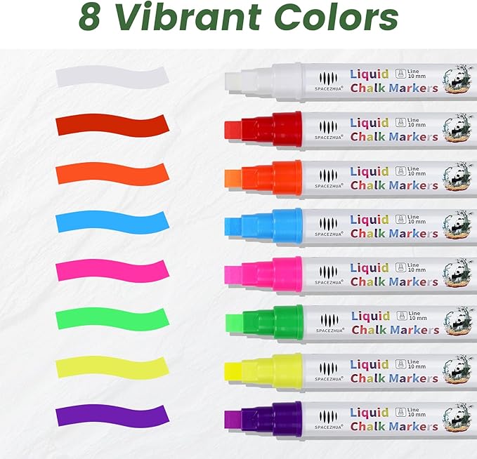 Liquid Chalk Markers 8 Colors Neon Chalk Pens with 10mm 3 in 1 Nib, Drawing Erasable Markers for Blackboard, Chalkboard, Whiteboard, Glass, Window, Cars, Mirror