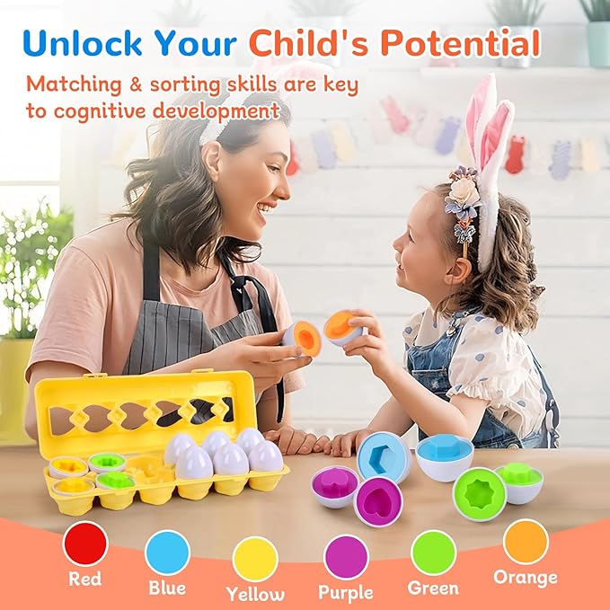 USATDD Matching Eggs for Toddlers Montessori Geometric Eggs Color & Shape Recognition Toy, Fine Motor Skills Shape Sorter Puzzle, Easter Eggs Toys Gifts for Kids, Easter Basket Stuffers