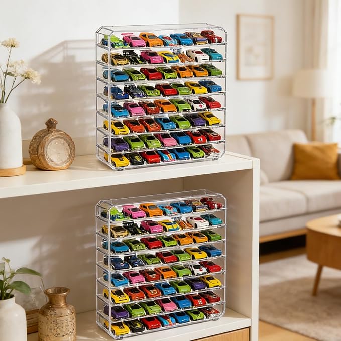 8-Tier Clear Storage Organizer Case, 2PCS 1/64 Scale Toy Car Storage Shelves Desktop Organizer Rack Compatible with Matchbox Car Hot Wheels Monster Jam Trucks Removable Acrylic Shelves