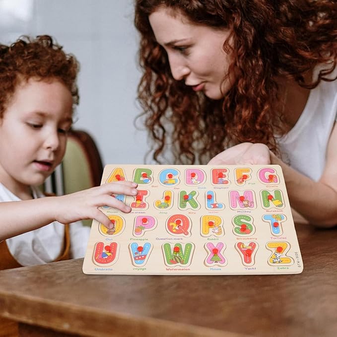 Alphabet Puzzle Wooden Puzzles for Toddlers 3+ Year Old, ABC Puzzle Shape Alphabet Learning Puzzles Toys with Puzzle Board & Letter Blocks, Preschool Education Kit for Girls and Boys