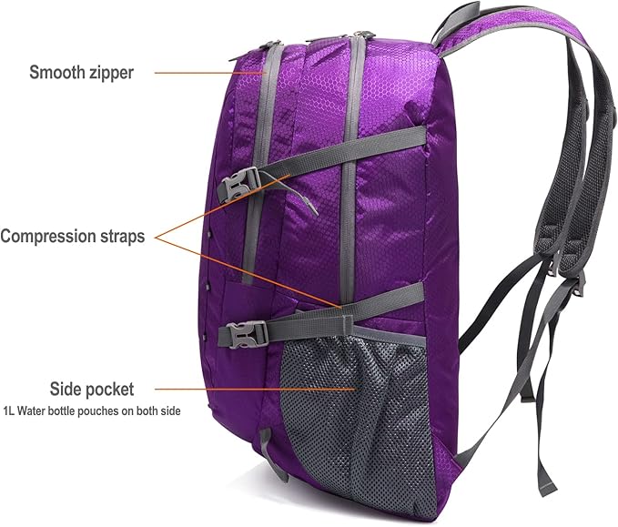 Packable Lightweight Backpack 40L, Ripstop Nylon Foldable Traveling Daypack, Collapsible Hiking Backpack For Outdoor(Purple)