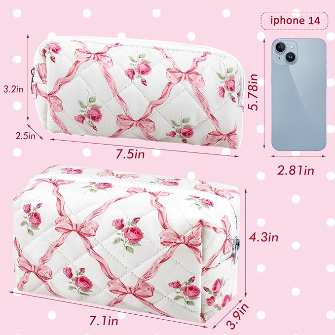 URSKYTOUS 2Pcs Cotton Quilted Makeup Bag for Women Girls Coquette Cosmetic Bag Cute Zipper Pink Bow Pencil Pouch Aesthetic Portable Travel Toiletry Bag Trendy Essentials Skincare Makeup Brush Pouch