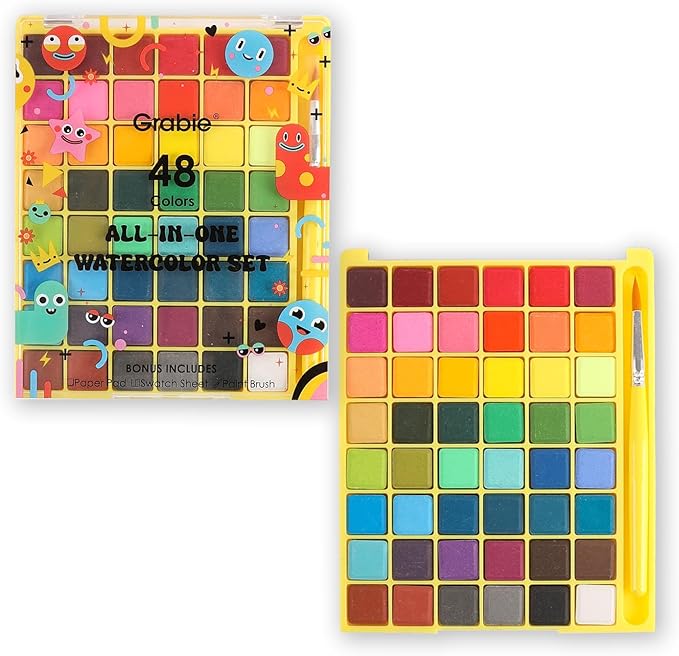 Grabie Mini Watercolor Paint Set, All-In-One 48 Colors Travel Watercolor Set with Paint Brush, Paper Pad & Swatch Sheet, Portable Vibrant Watercolor Kit for Beginners, Kids, Artists & Gifting